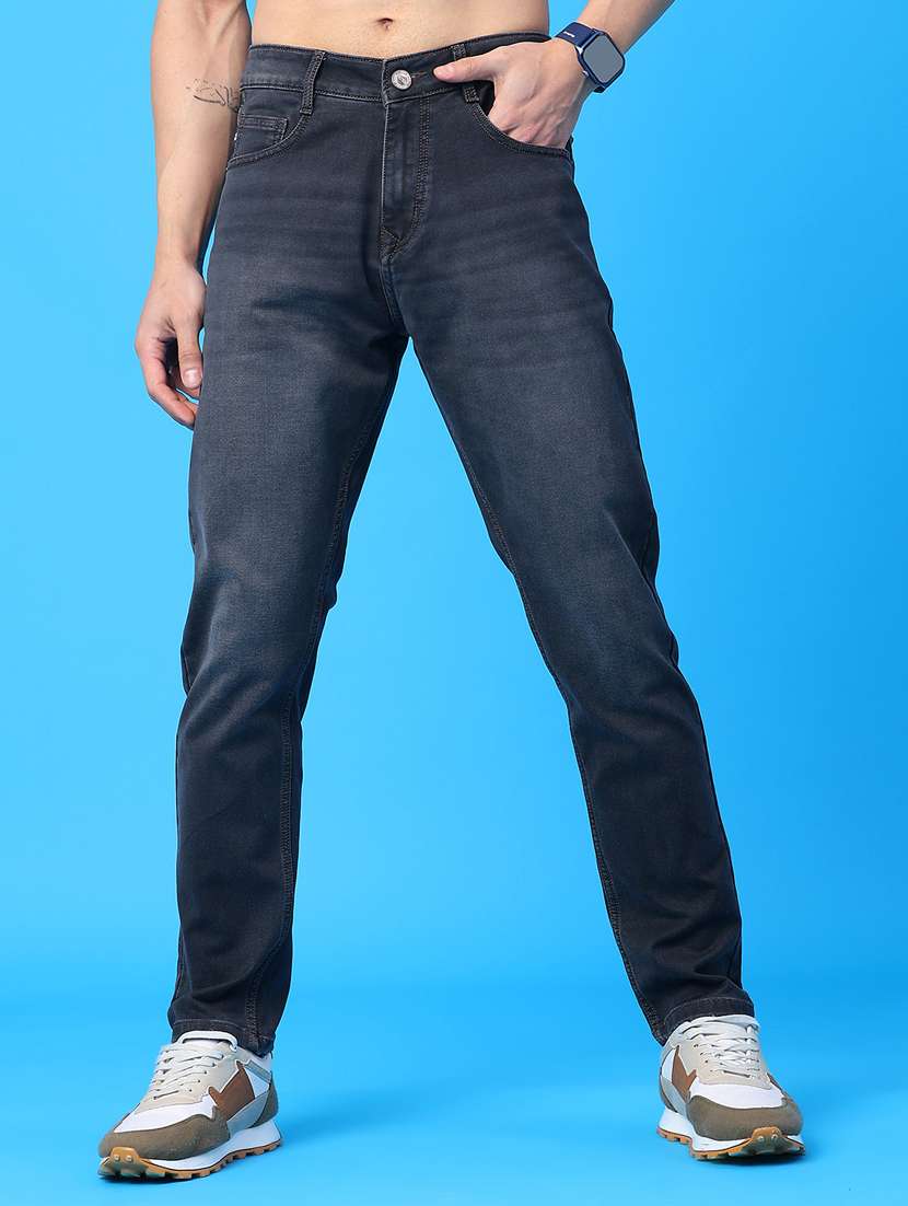 men washed mid rise full length jeans
