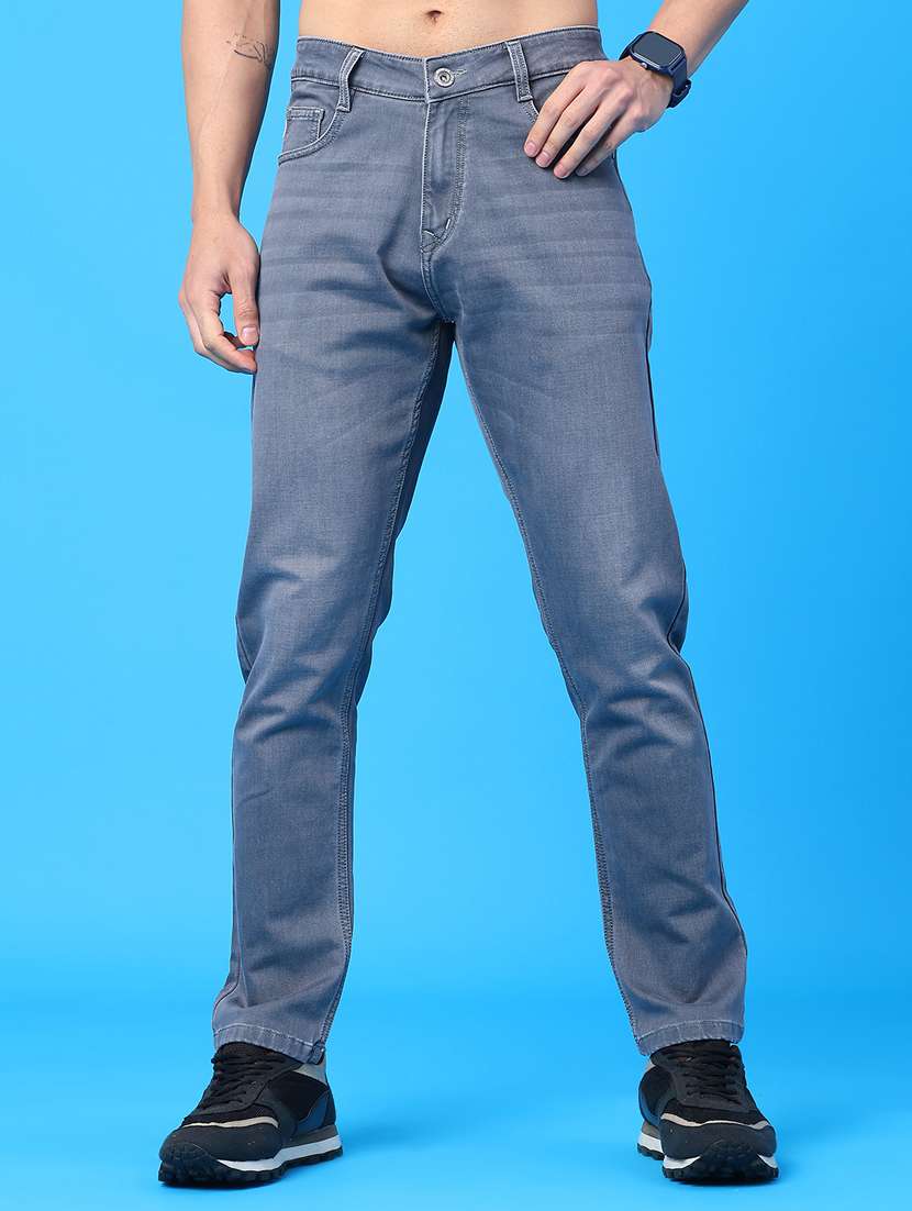 men washed mid rise full length jeans