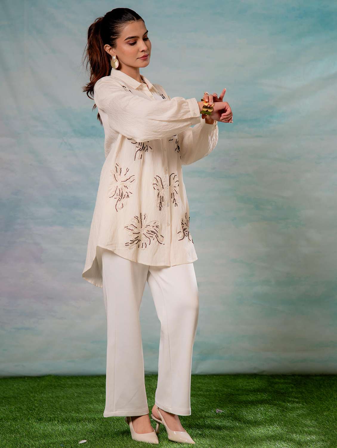 women solid with work long sleeve ethnic top - 22279254 -  Standard Image - 2