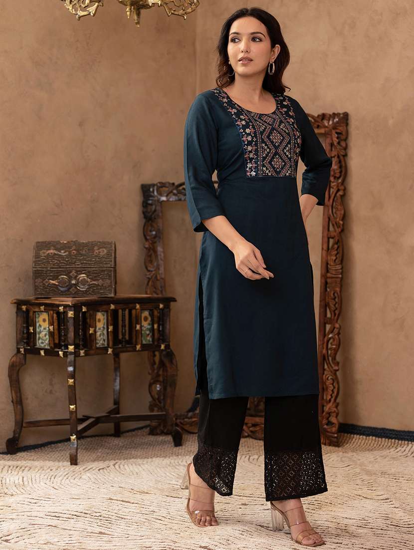 women solid with work three quarter sleeve straight kurta - 22279267 -  Standard Image - 2