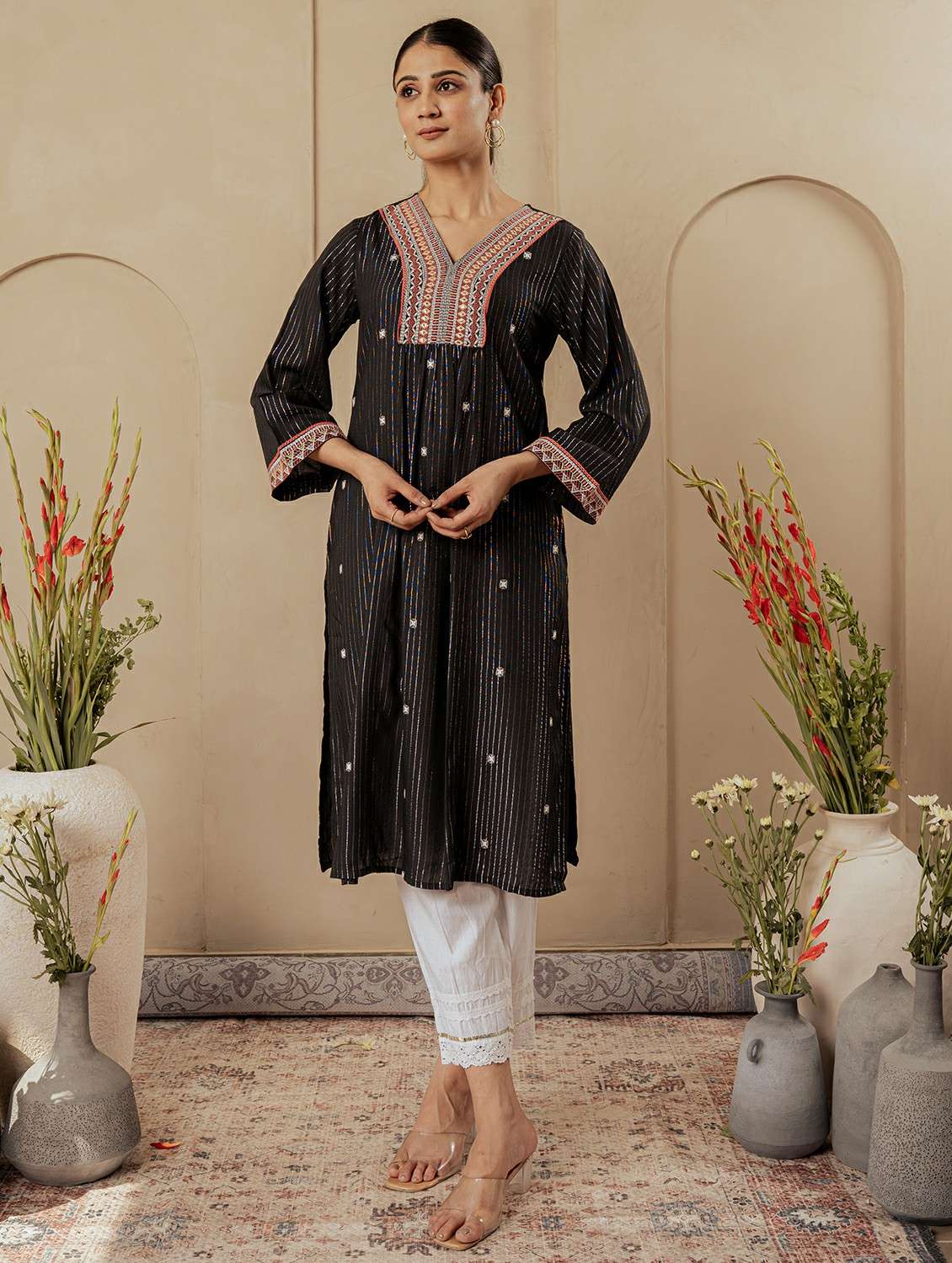women self design three quarter sleeve a-line kurta