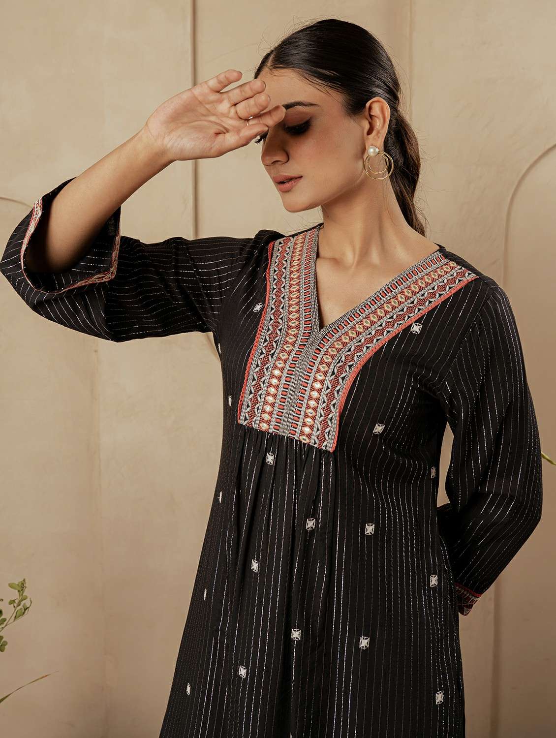 women self design three quarter sleeve a-line kurta - 22279268 -  Standard Image - 2