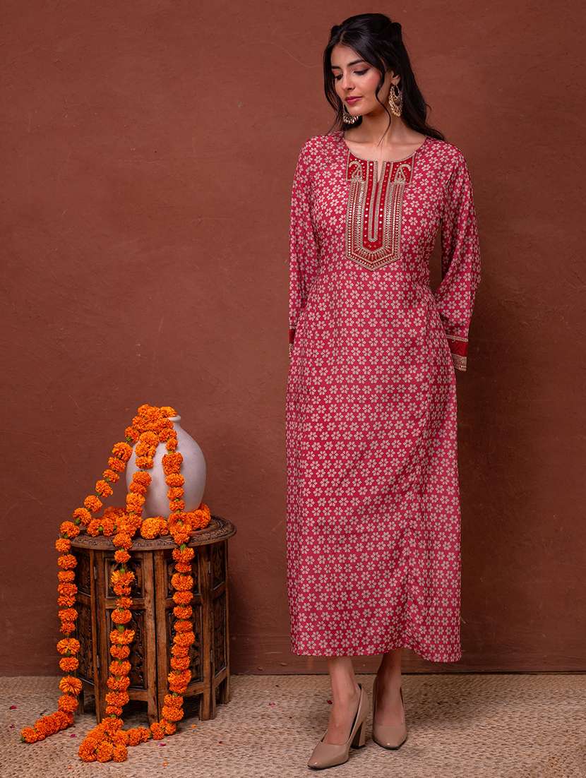 women printed long sleeve a-line kurta