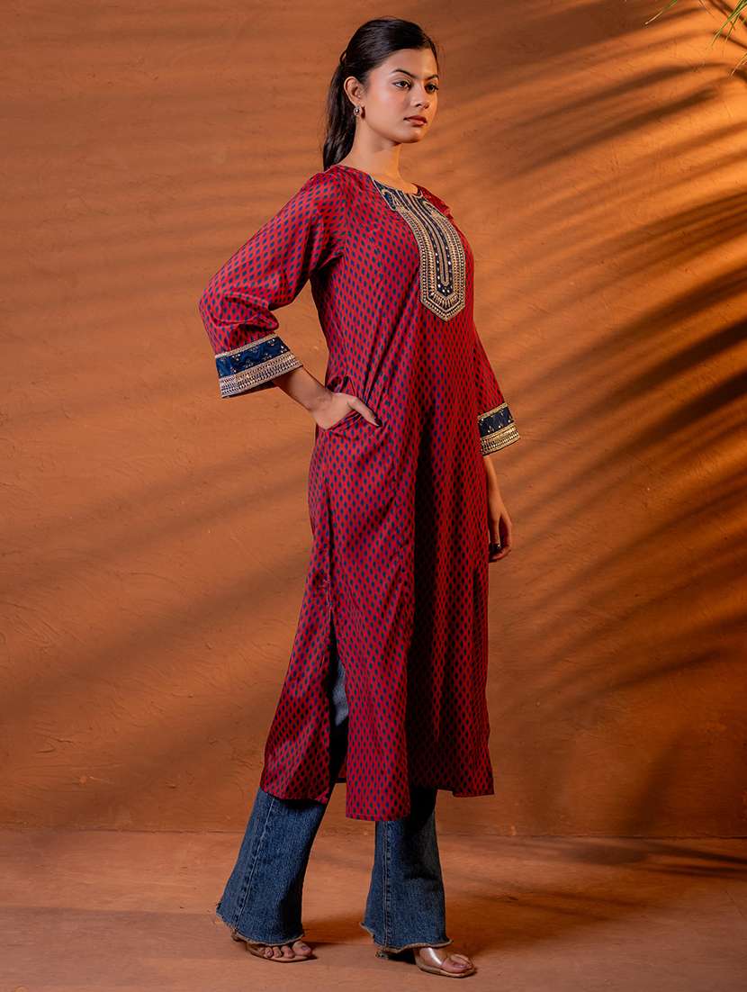 women printed three quarter sleeve a-line kurta - 22279270 -  Standard Image - 2