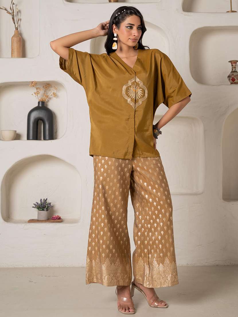 women solid with work elbow sleeve top pant set - 22279288 -  Standard Image - 2