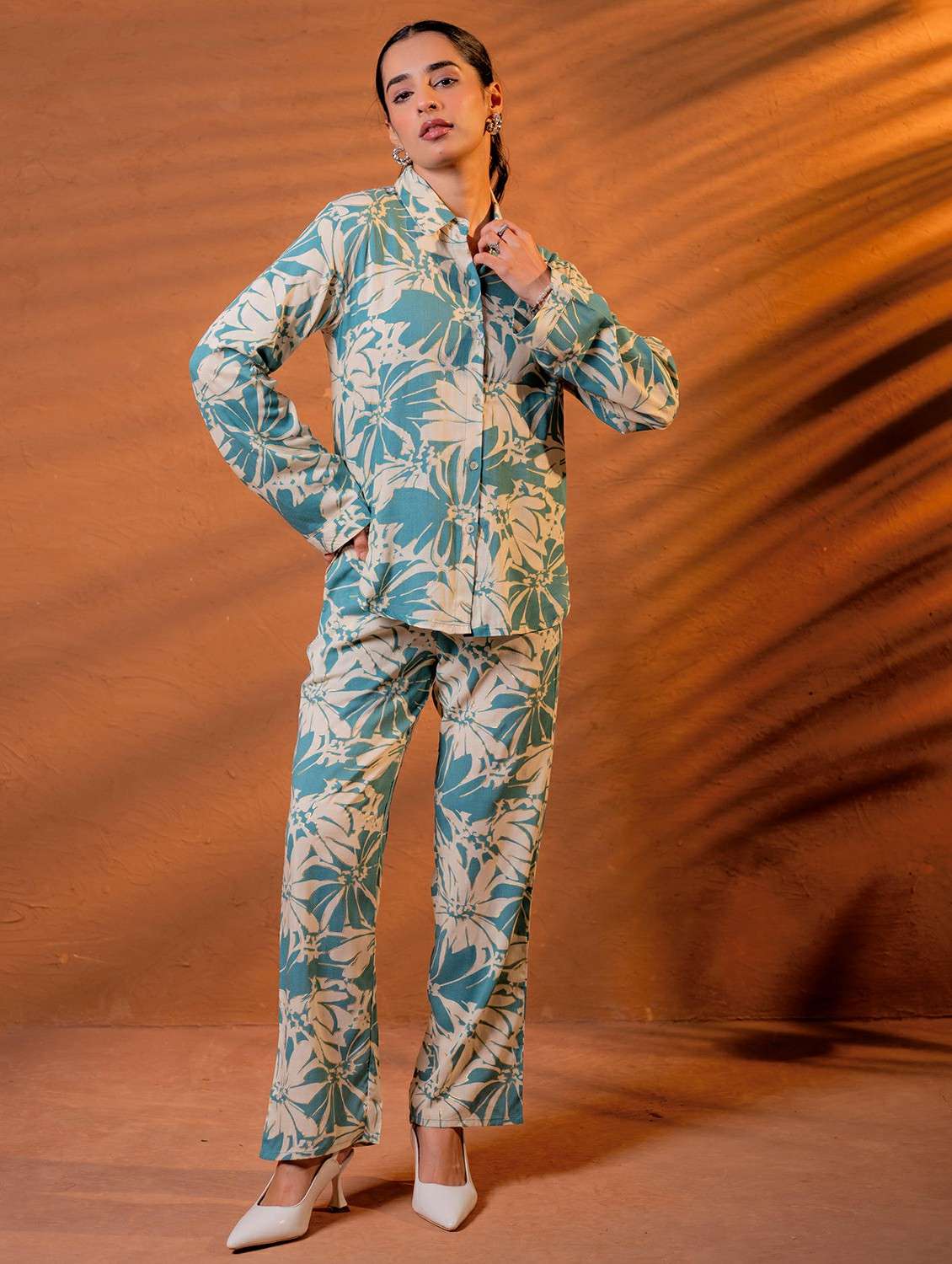 women floral long sleeve shirt & trouser co-ord set