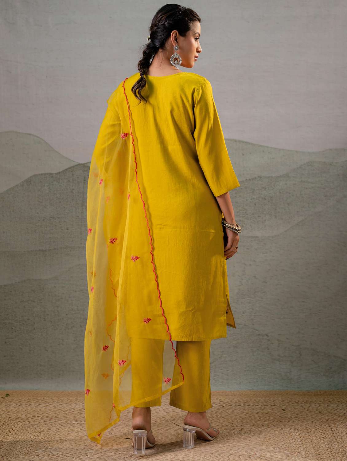women solid with work three quarter sleeve kurta pant with dupatta set - 22279306 -  Standard Image - 2