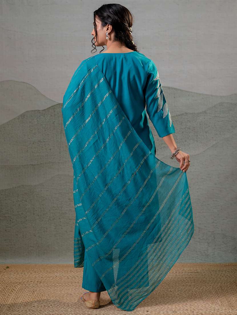 women solid with work three quarter sleeve kurta pant with dupatta set - 22279307 -  Standard Image - 2