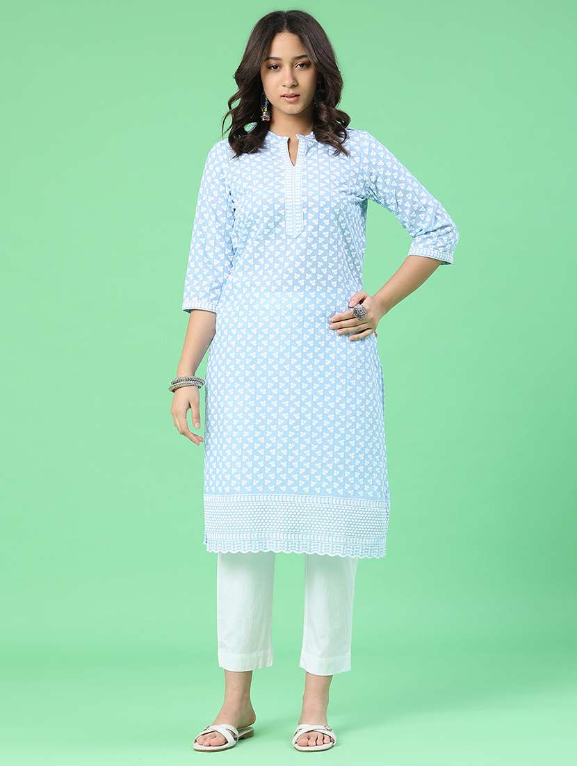 women embroidered three quarter sleeves straight kurta - 22279718 -  Standard Image - 2
