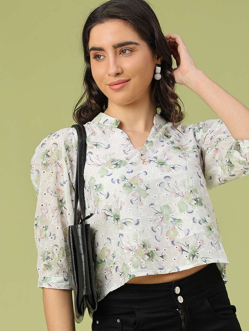 women floral print puff sleeve crop top