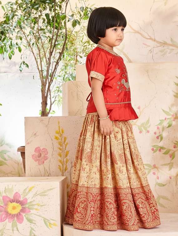 girls embroidered puff sleeve lehenga and choli set - 22280108 -  Standard Image - 2