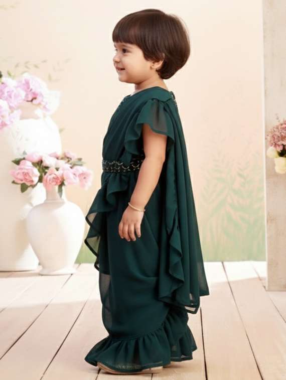 girls solid ruffle pre draped saree - 22280112 -  Standard Image - 2