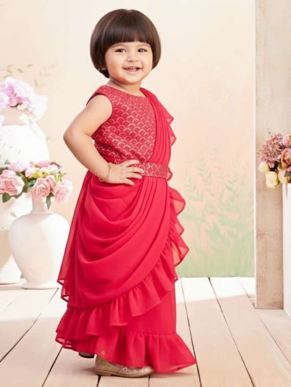girls solid ruffle pre draped saree - 22280114 -  Standard Image - 2