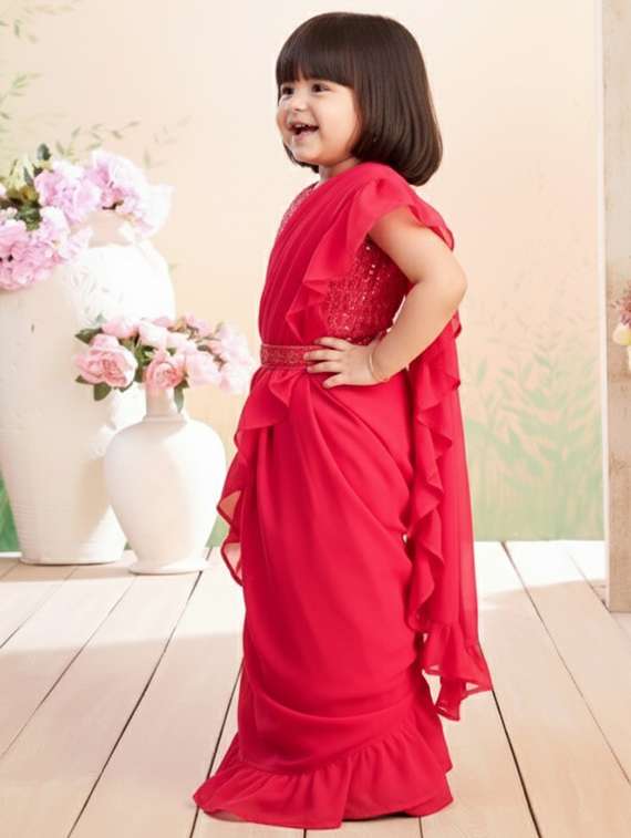 girls solid ruffle pre draped saree - 22280116 -  Standard Image - 2