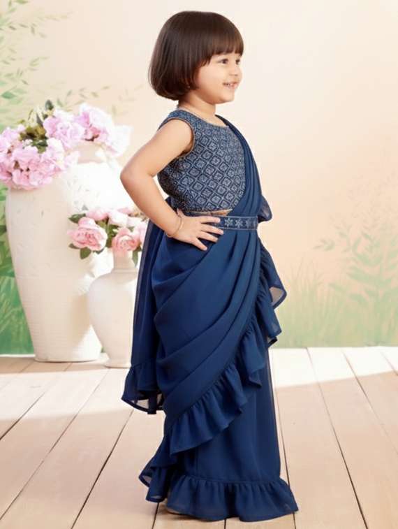 girls solid ruffle pre draped saree - 22280117 -  Standard Image - 2