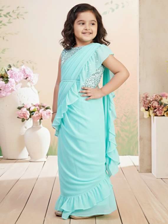 girls solid ruffle pre draped saree - 22280119 -  Standard Image - 2