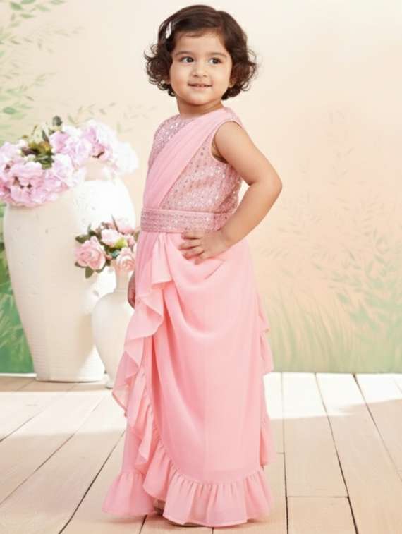 girls solid ruffle pre draped saree - 22280120 -  Standard Image - 2