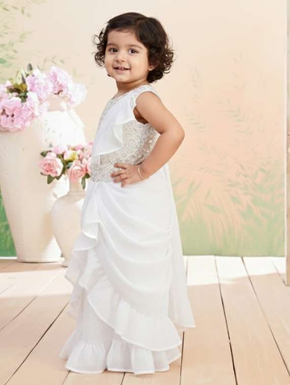 girls solid ruffle pre draped saree - 22280122 -  Standard Image - 2