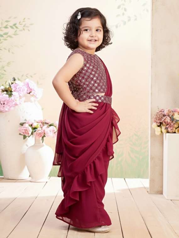 girls solid ruffle pre draped saree - 22280123 -  Standard Image - 2
