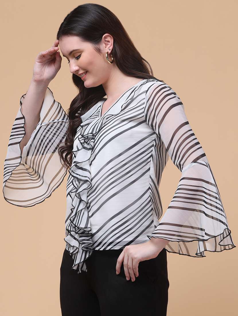 women striped bell sleeve ruffle top - 22280126 -  Standard Image - 2