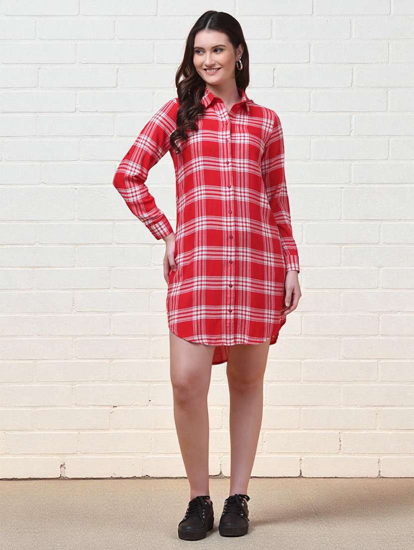 women checkered collared long sleeve shirt dress