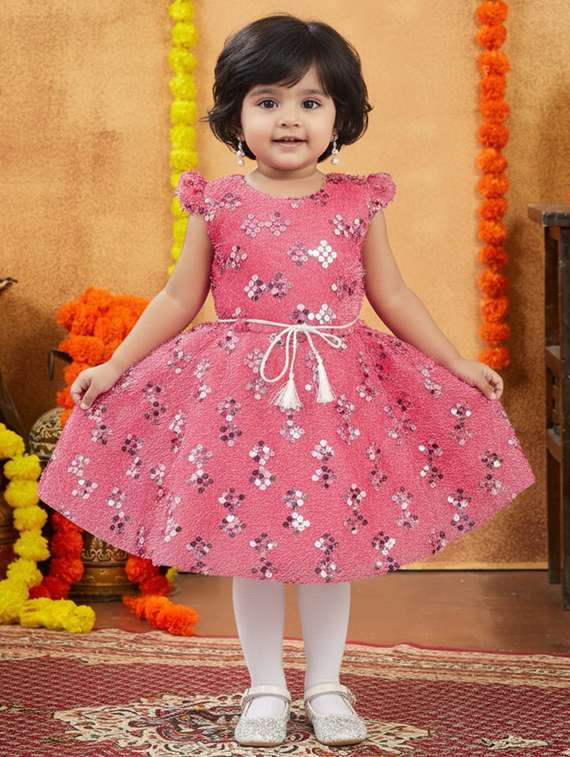 kids solid with work round neck dress