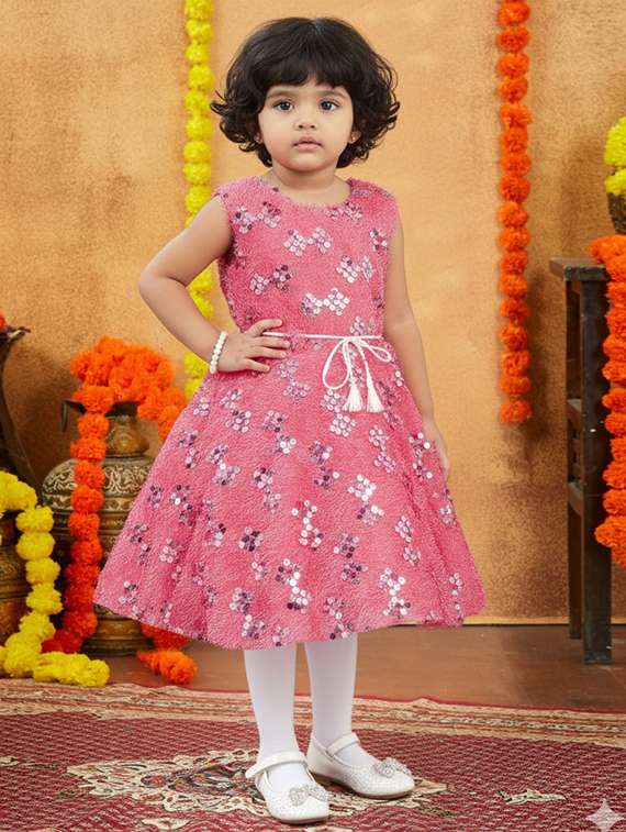 kids solid with work round neck dress - 22280142 -  Standard Image - 2