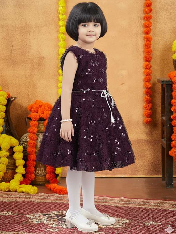 kids solid with work round neck dress - 22280144 -  Standard Image - 2