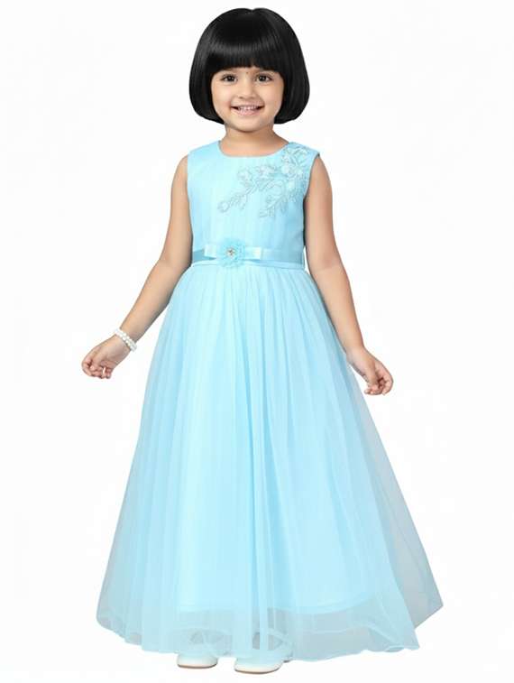 kids solid with work round neck dress