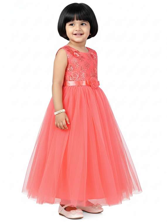 kids solid with work round neck dress - 22280165 -  Standard Image - 2