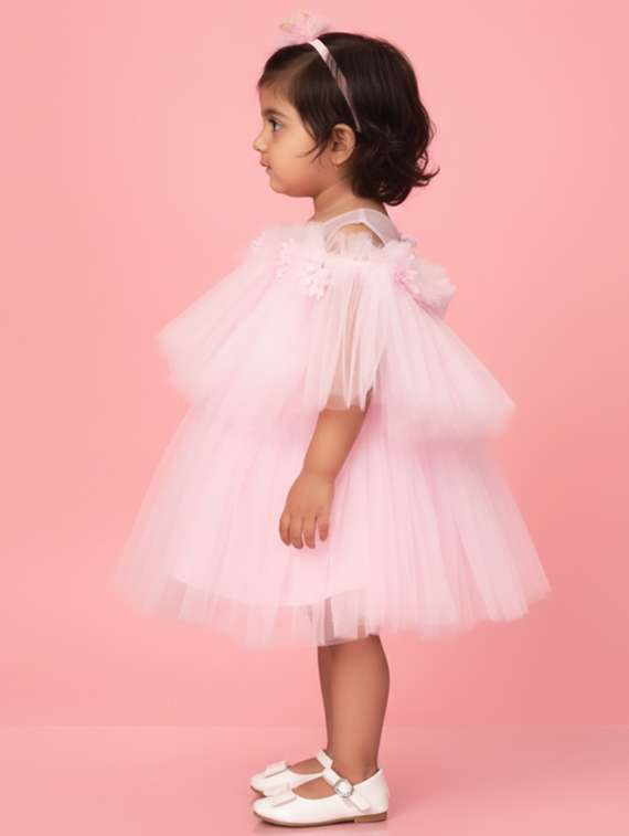 girls self designed cape sleeve net fit & flare dress - 22280227 -  Standard Image - 2