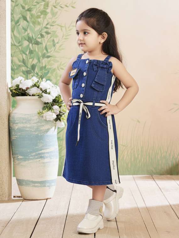girls solid shoulder strap denim straight dress - 22280273 -  Standard Image - 2