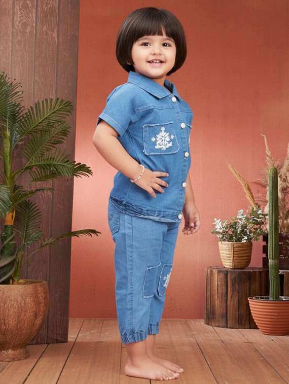 girls solid denim top & trouser co-ord set - 22280283 -  Standard Image - 2