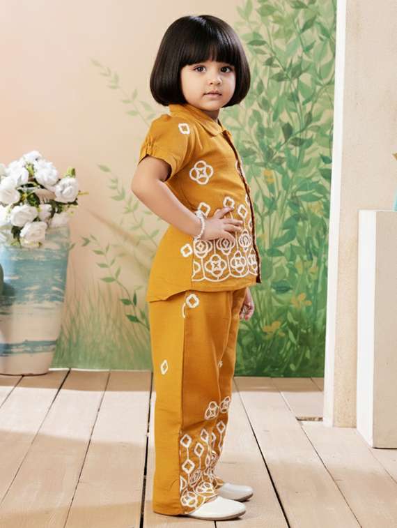 girls solid with work short sleeve top & palazzo co-ord set - 22280312 -  Standard Image - 2