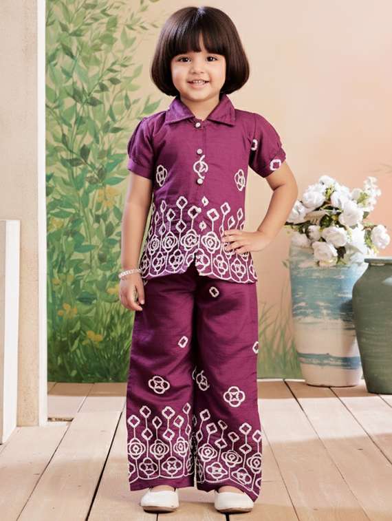 girls solid with work short sleeve top & palazzo co-ord set