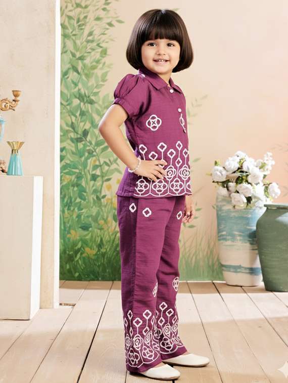 girls solid with work short sleeve top & palazzo co-ord set - 22280313 -  Standard Image - 2