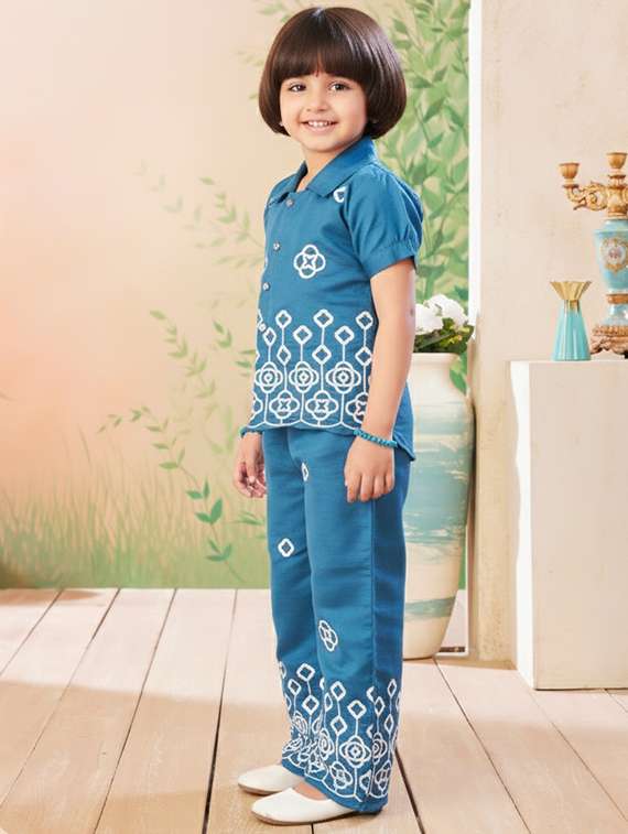 girls solid with work short sleeve top & palazzo co-ord set - 22280315 -  Standard Image - 2