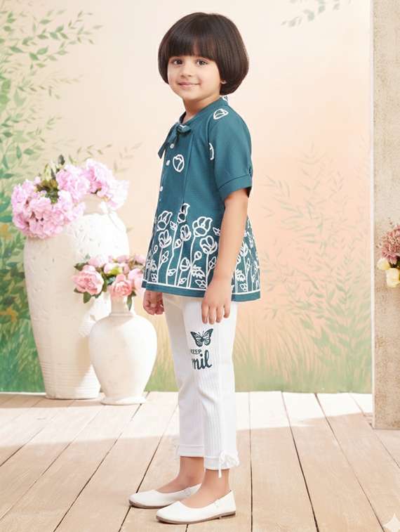girls solid with work short sleeve top & trouser co-ord set - 22280323 -  Standard Image - 2