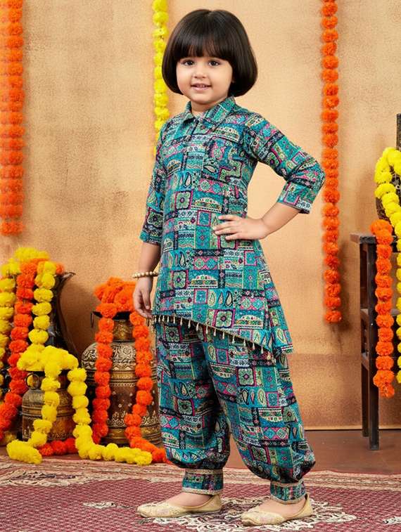 girls printed collared kurta and salwar set  - 22280367 -  Standard Image - 2