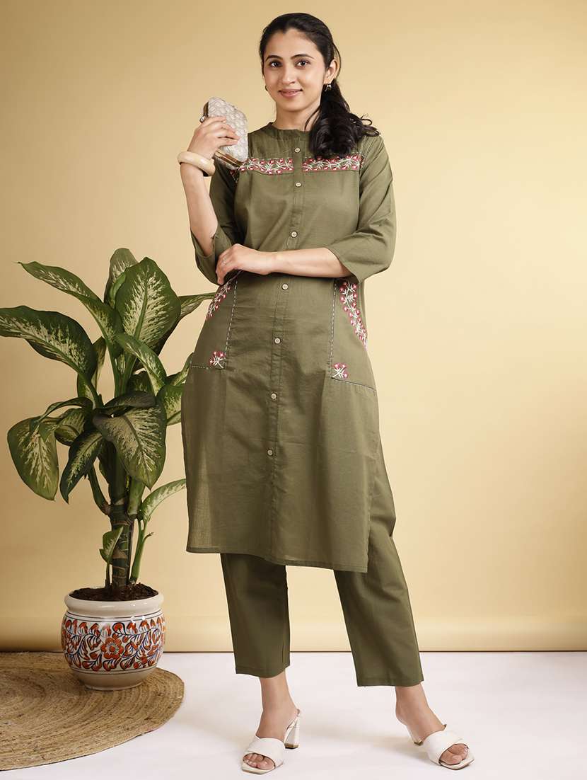 women solid with work three quarter sleeve kurta pant set - 22280385 -  Standard Image - 2