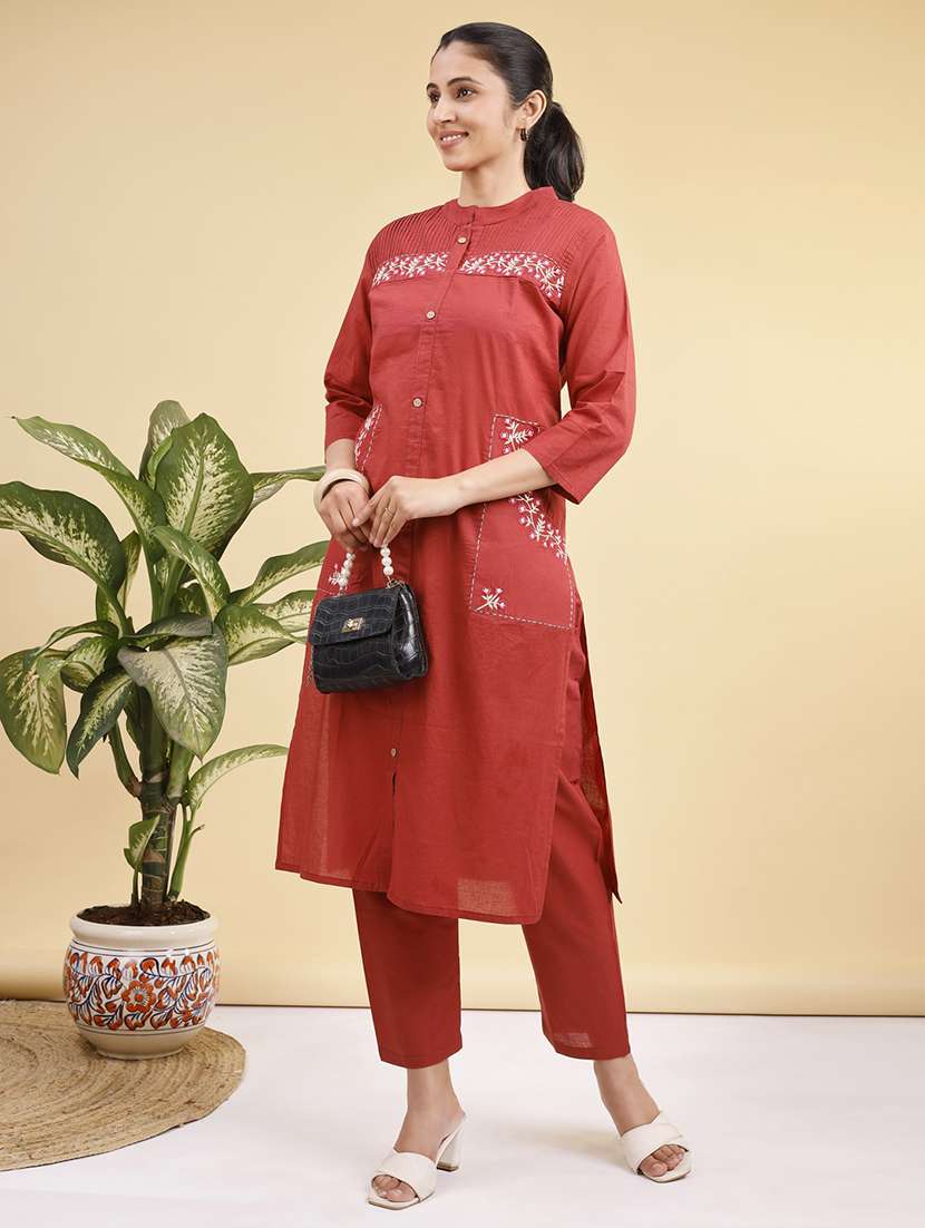 women solid with work three quarter sleeve kurta pant set - 22280386 -  Standard Image - 2