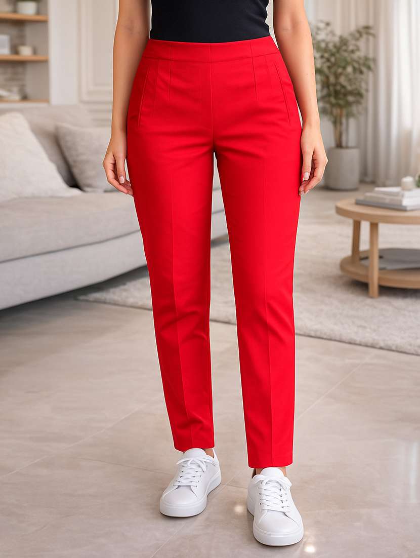 women solid high rise cigarette pants