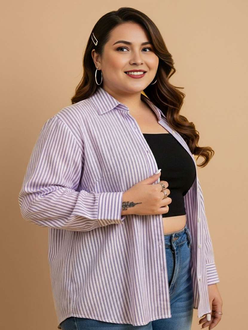 women plus size striped collared long sleeve shirt - 22280417 -  Standard Image - 2