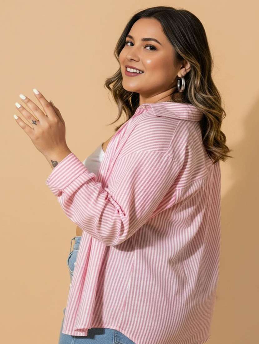 women plus size striped collared long sleeve shirt - 22280419 -  Standard Image - 2