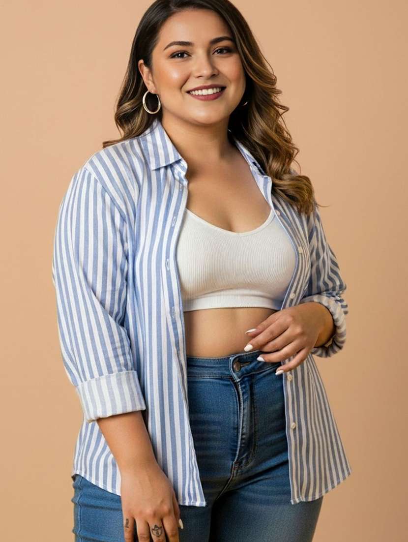 women plus size striped collared long sleeve shirt - 22280420 -  Standard Image - 2