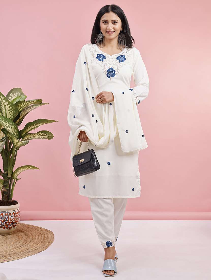 women solid with work three quarter sleeve kurta pant with dupatta set - 22280443 -  Standard Image - 2