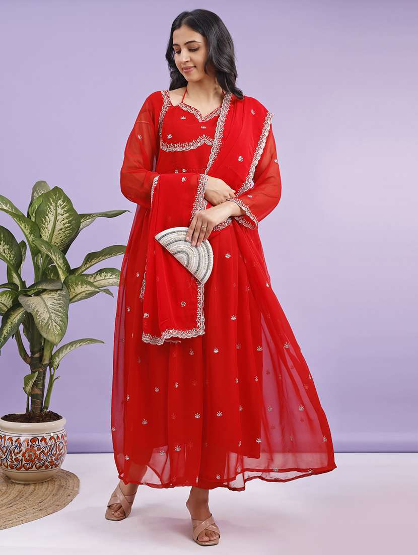 women solid with work three quarter sleeve kurta with dupatta set - 22280445 -  Standard Image - 2