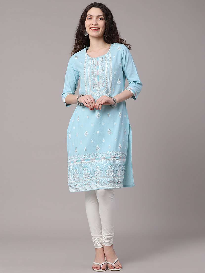 women embroidered three quarter sleeves straight kurta - 22280575 -  Standard Image - 2