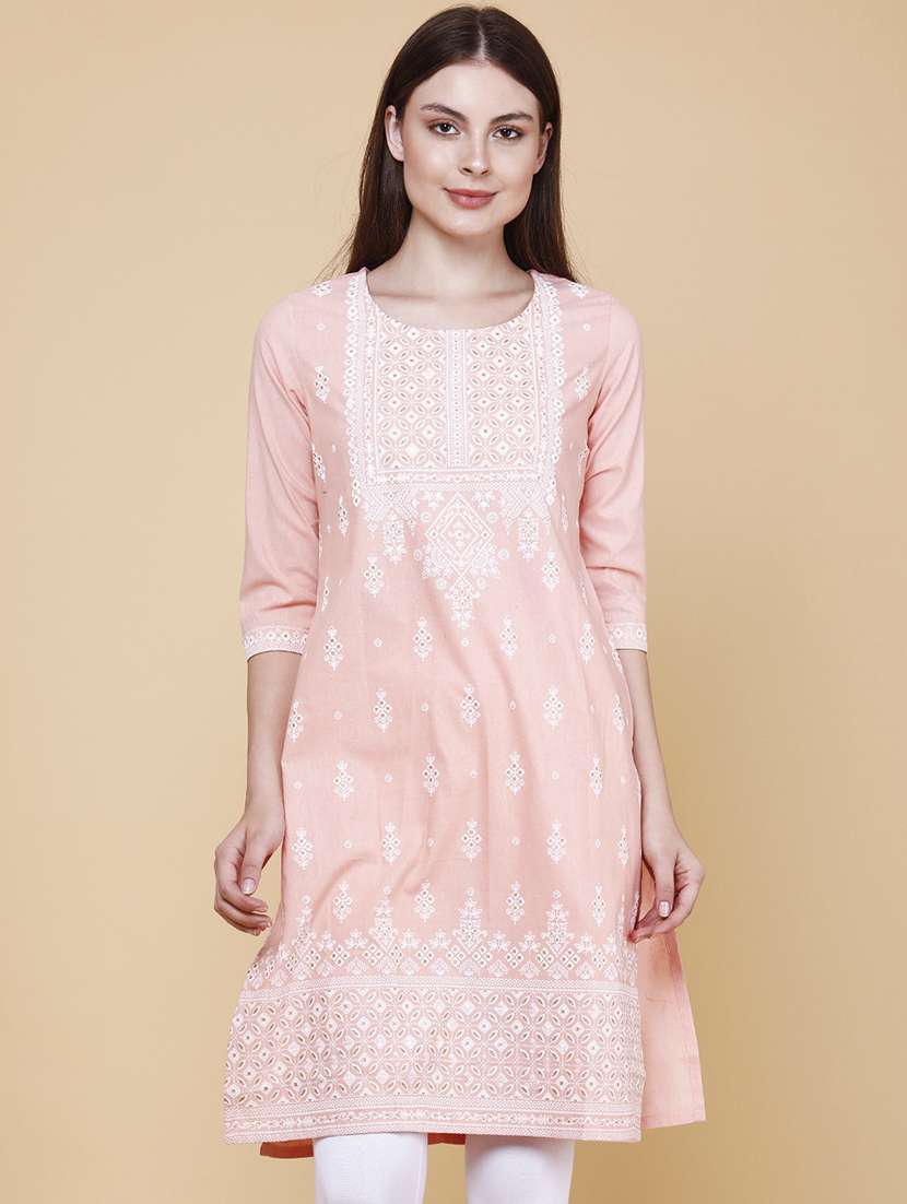 Women Printed Three Quarter Sleeves Straight Kurta - 22280576 -  Standard Image - 2
