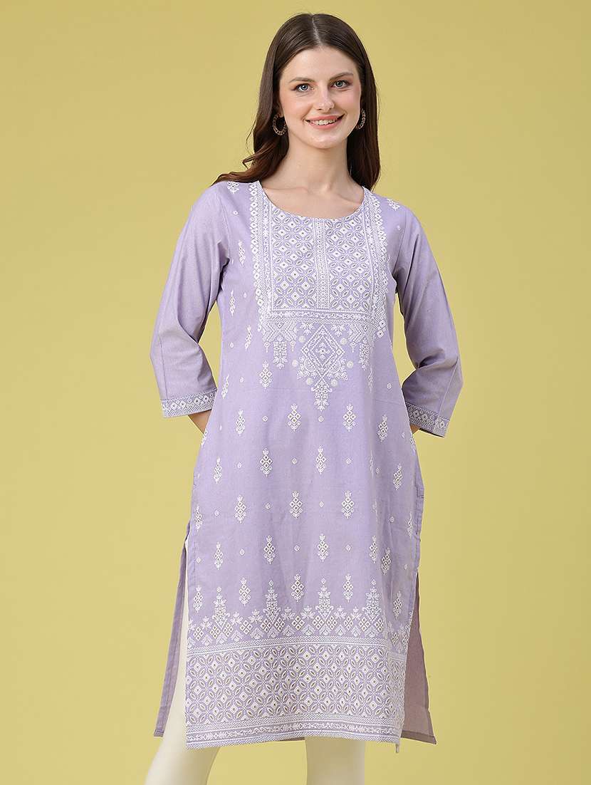 women printed three quarter sleeves straight kurta - 22280577 -  Standard Image - 2